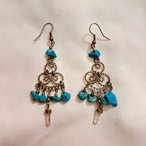 Faux turquoise & silver Dangle Earrings with Crystal Accent - Women Jewelry